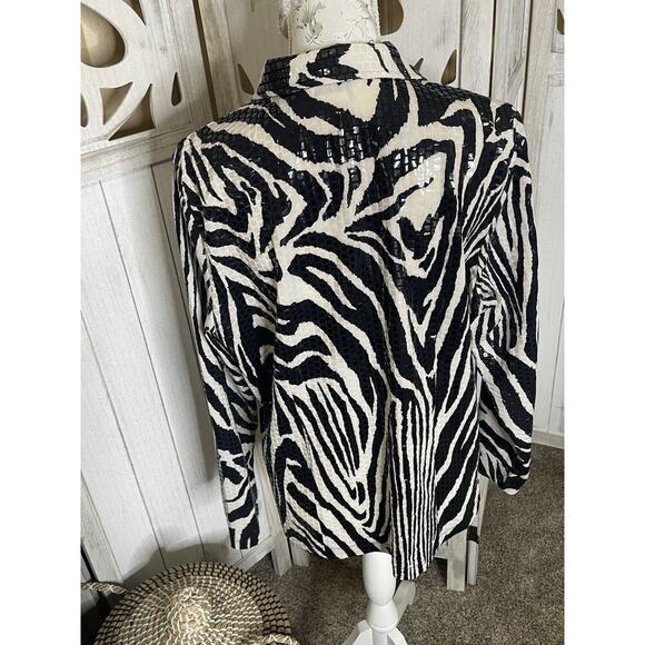 Misook Zebra Print Shiny Paillettes Full Zip Jacket Black White Size Large - Picture 3 of 7